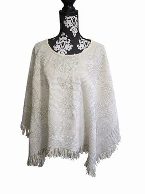 Cream Green Woven Poncho With Fringe Hem & Floral Textured Design Thick